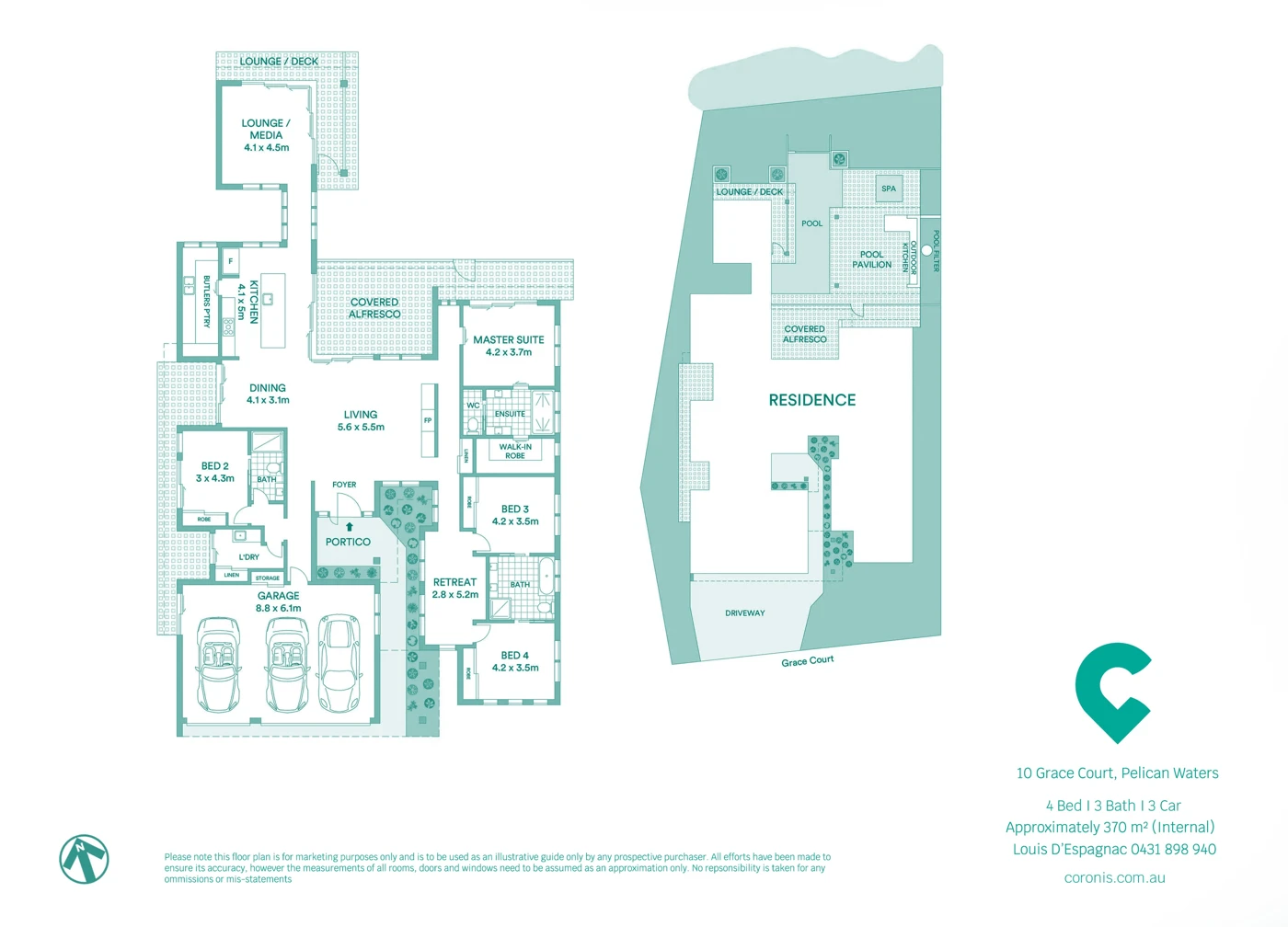 Agent floorplan showing four bedrooms, three bathrooms, triple garage, living spaces and waterfront pool